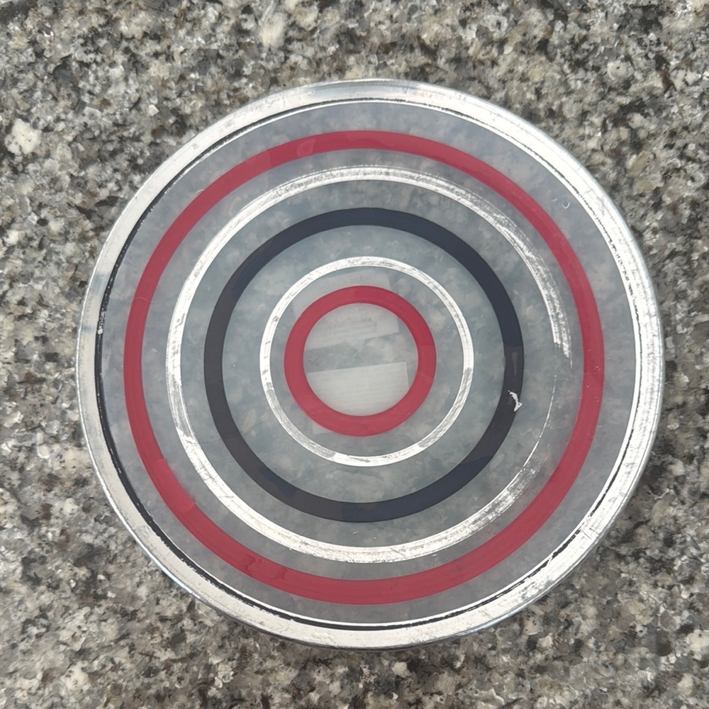 Yankee Candle Red sliver and blue striped candle plate